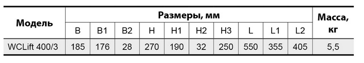 WCLIFT 400/3 таблица размеров